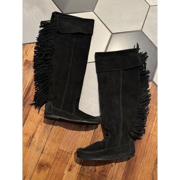 Minnetonka Shoes - Minnetonka x Maige Black Suede Back Fringe Cuff or Over the Knee Moccasin Boot 6